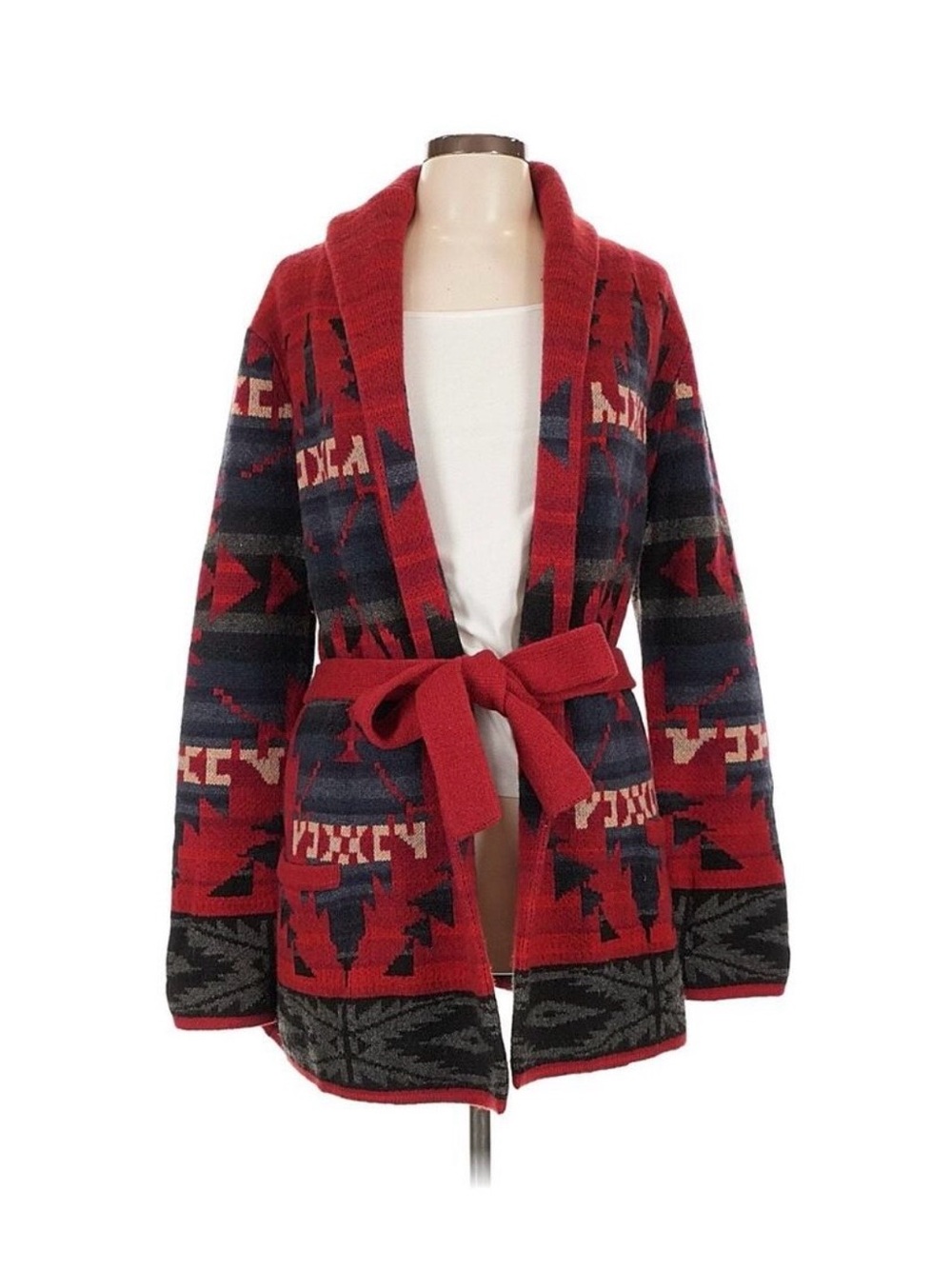 Ralph Lauren Red Navy Geometric Shawl-Collar Belted Cardigan